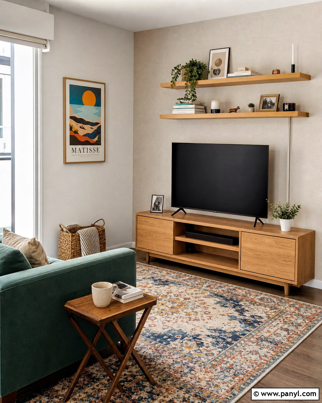 Rental-Friendly TV Wall With Removable Decor - 20 small living room tv wall ideas