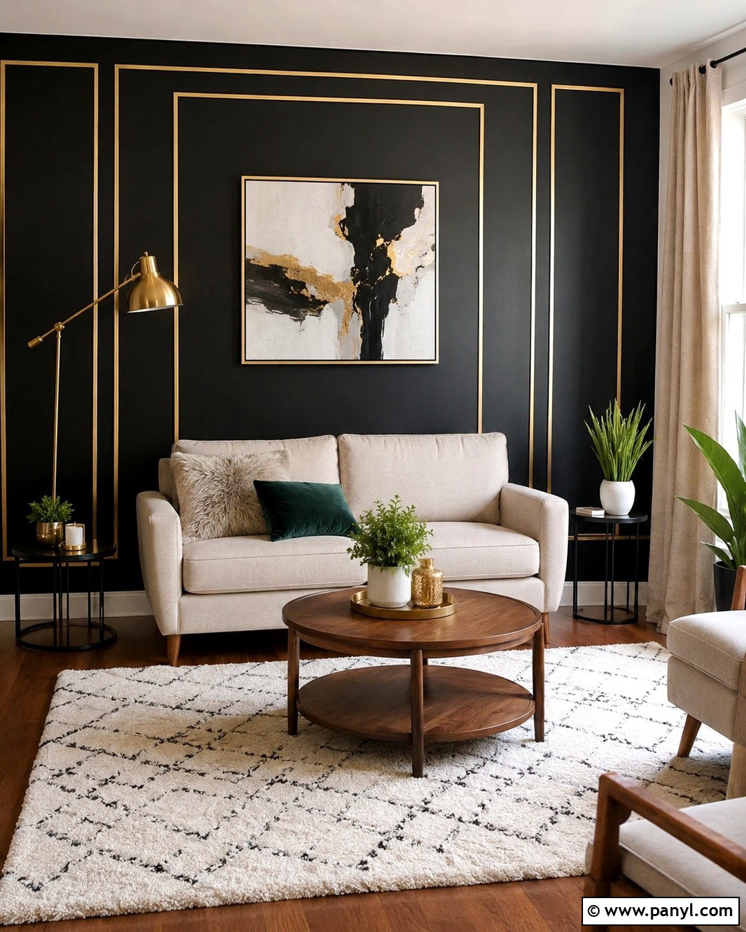 Renter-Friendly Black Wall With Gold Tape Trim - 20 Black Walls Gold Trim Ideas