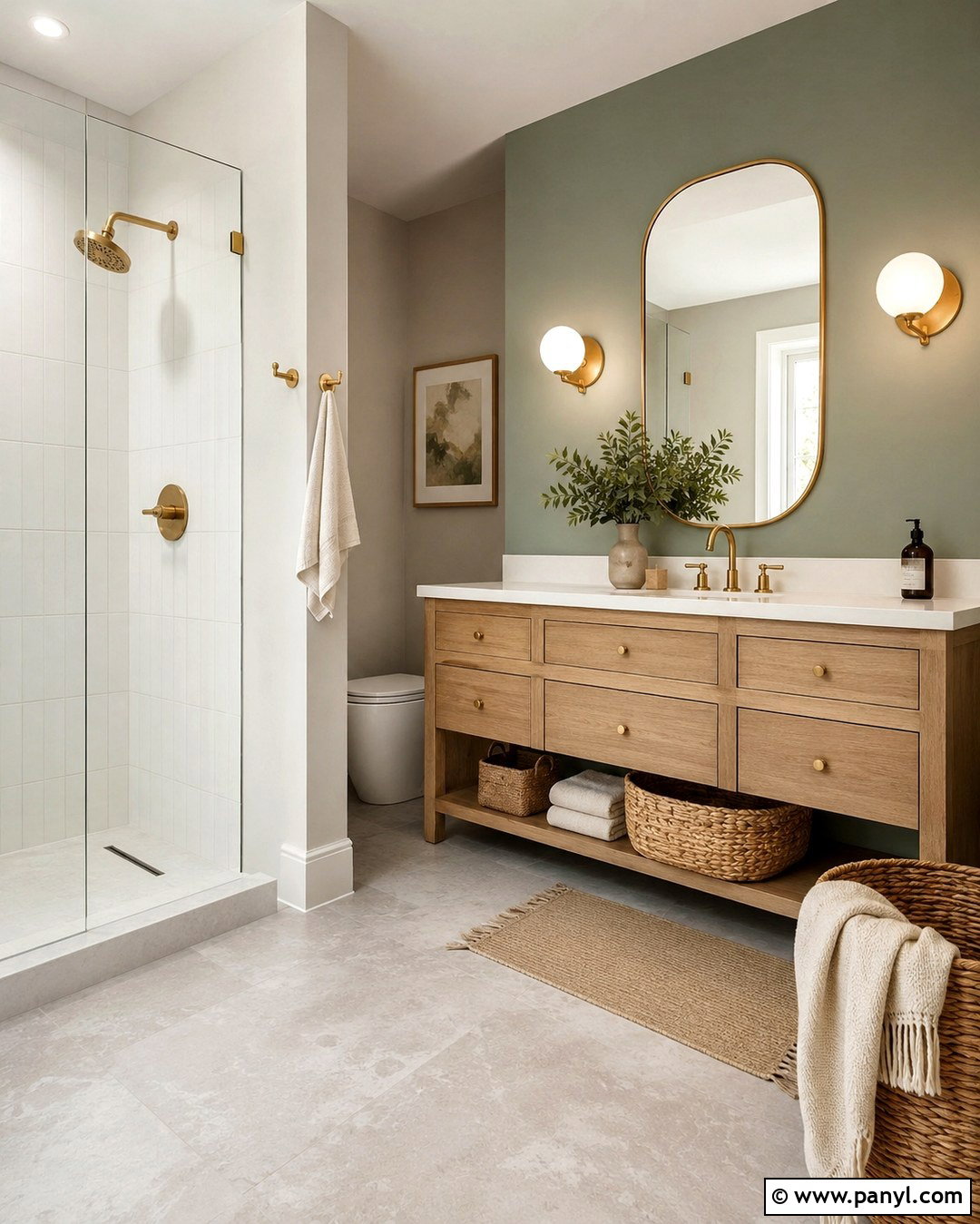 Repose Gray Bathroom With Eucalyptus Green Wall - 20 Repose Gray With Green Accent Wall Ideas