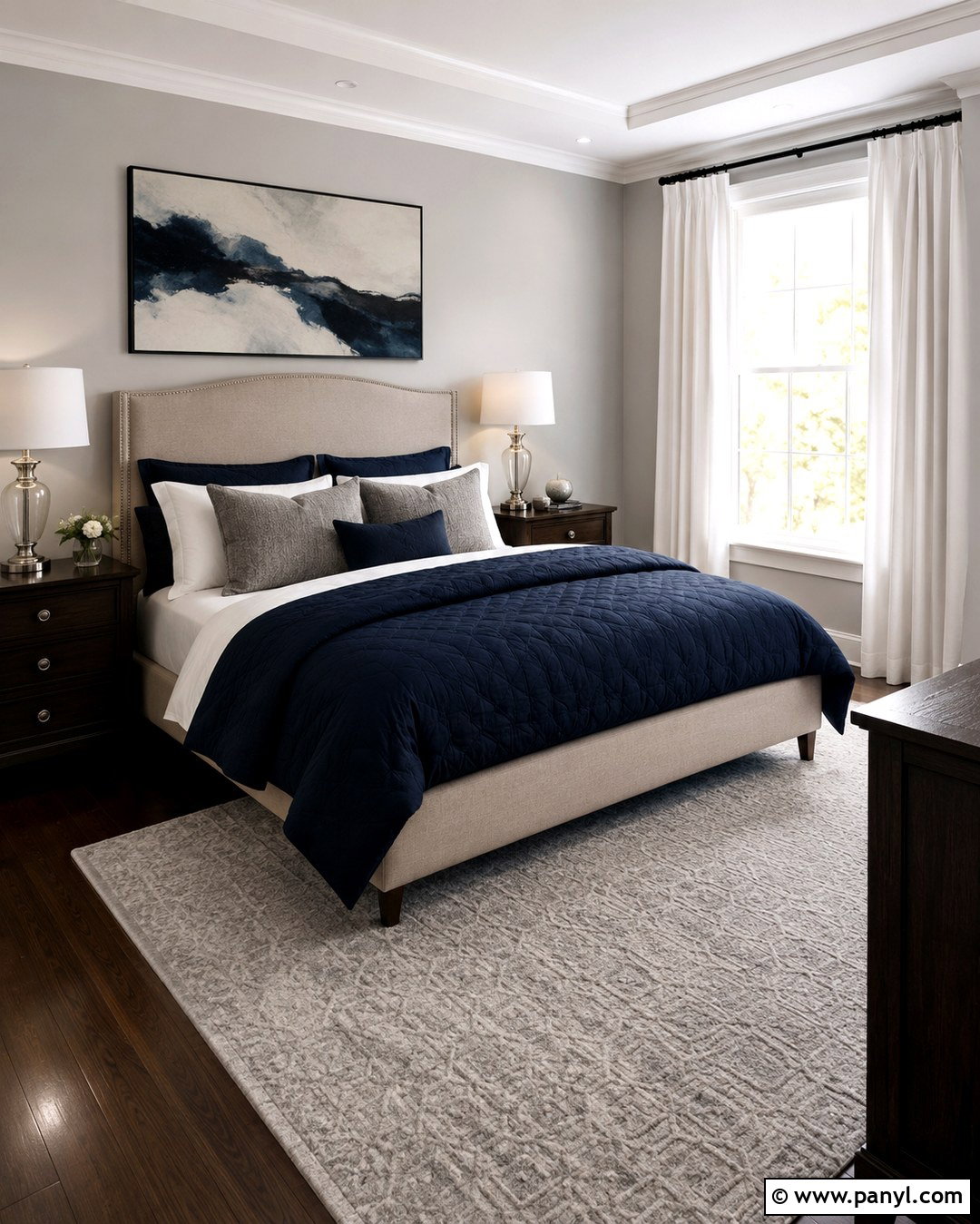 Repose Gray Bedroom With Navy Bedding - 20 Repose Grey Walls