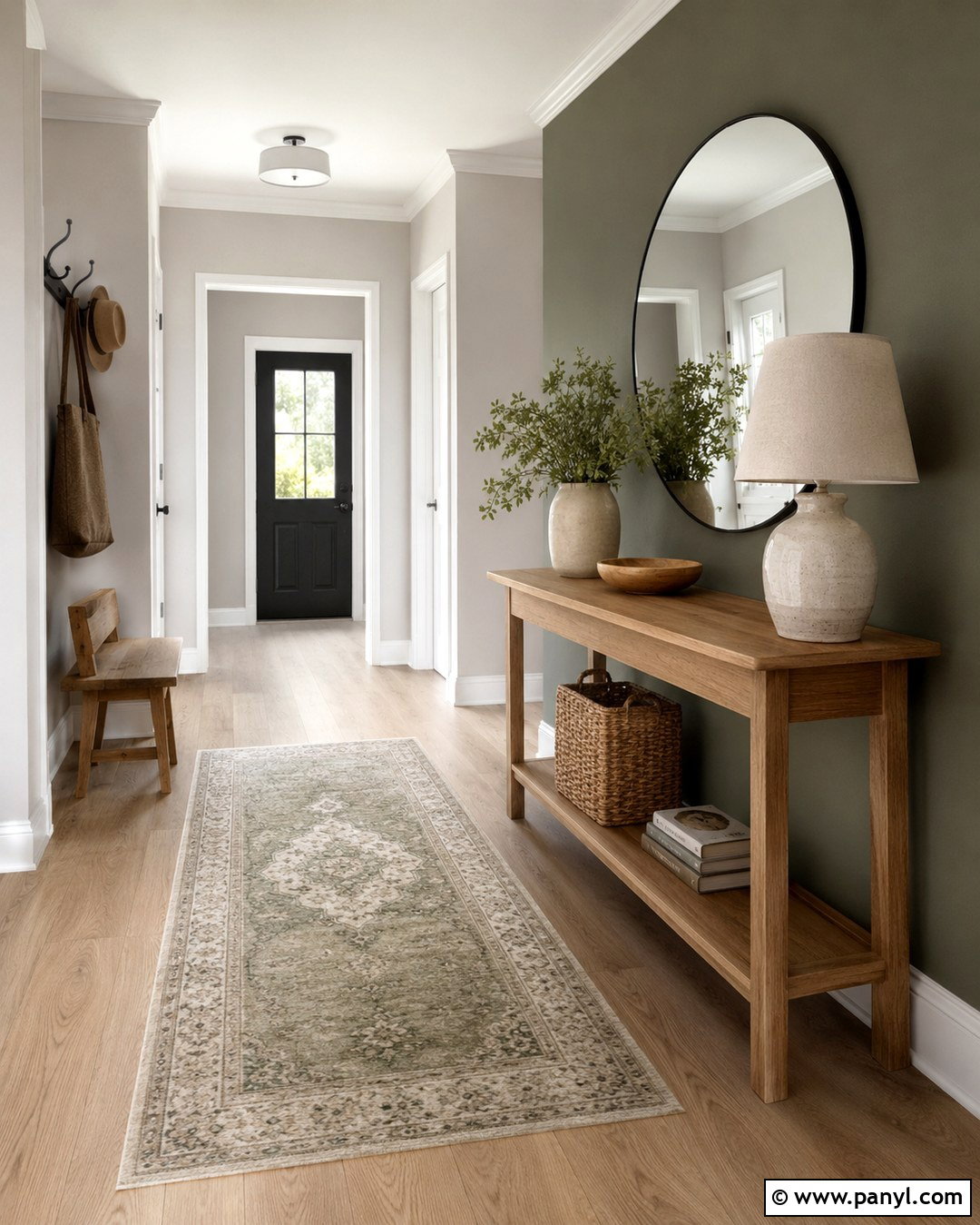 Repose Gray Entryway With Moss Green Wall - 20 Repose Gray With Green Accent Wall Ideas