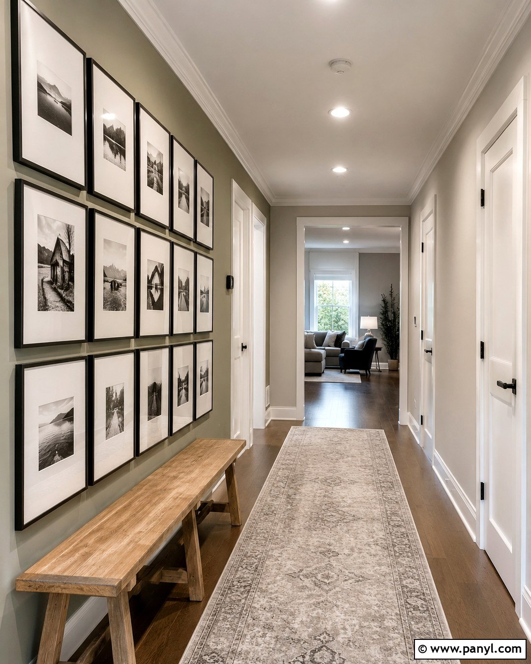 Repose Gray Hallway With Green Gallery Wall - 20 Repose Gray With Green Accent Wall Ideas