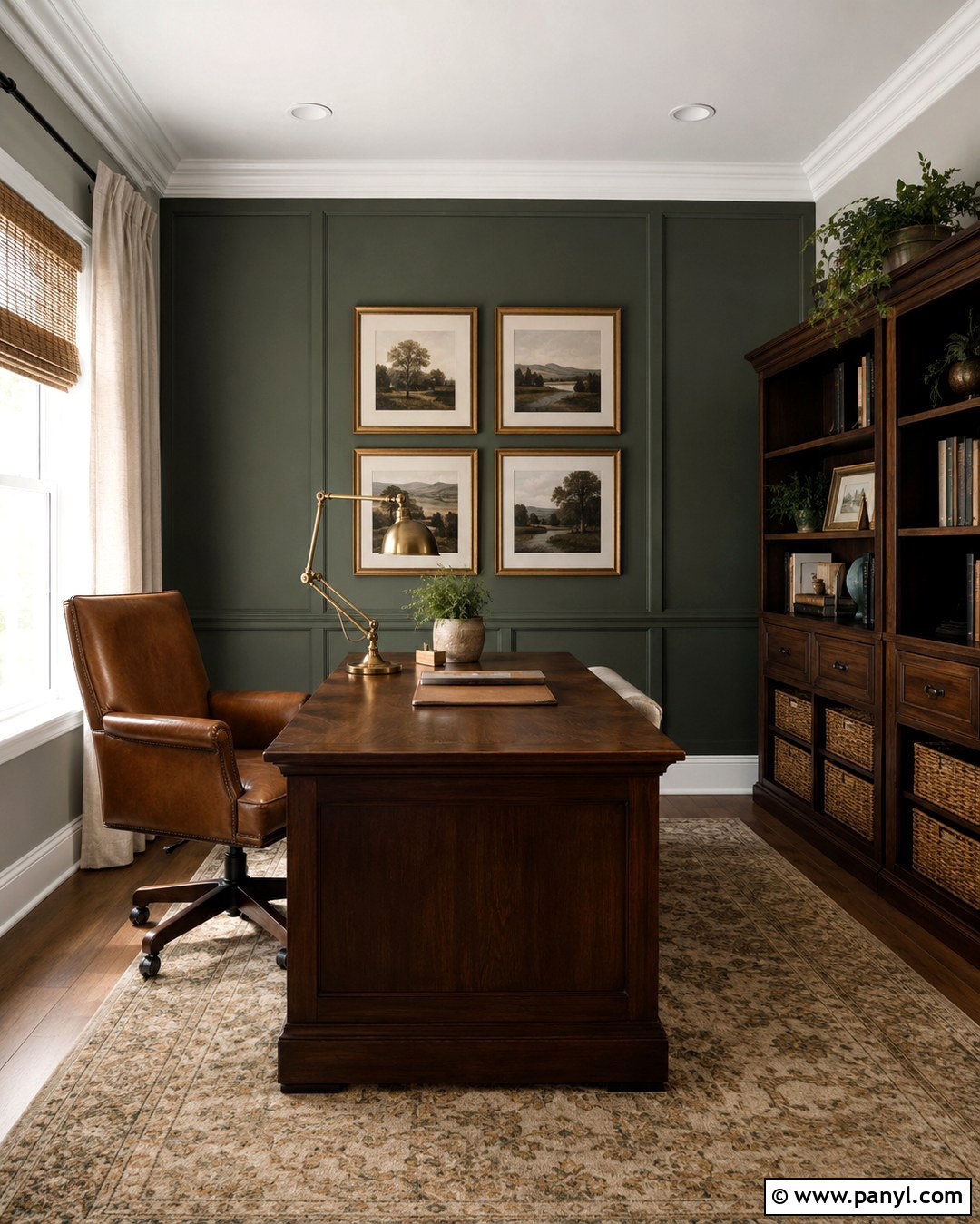 Repose Gray Home Office With Dark Green Wall - 20 Repose Gray With Green Accent Wall Ideas