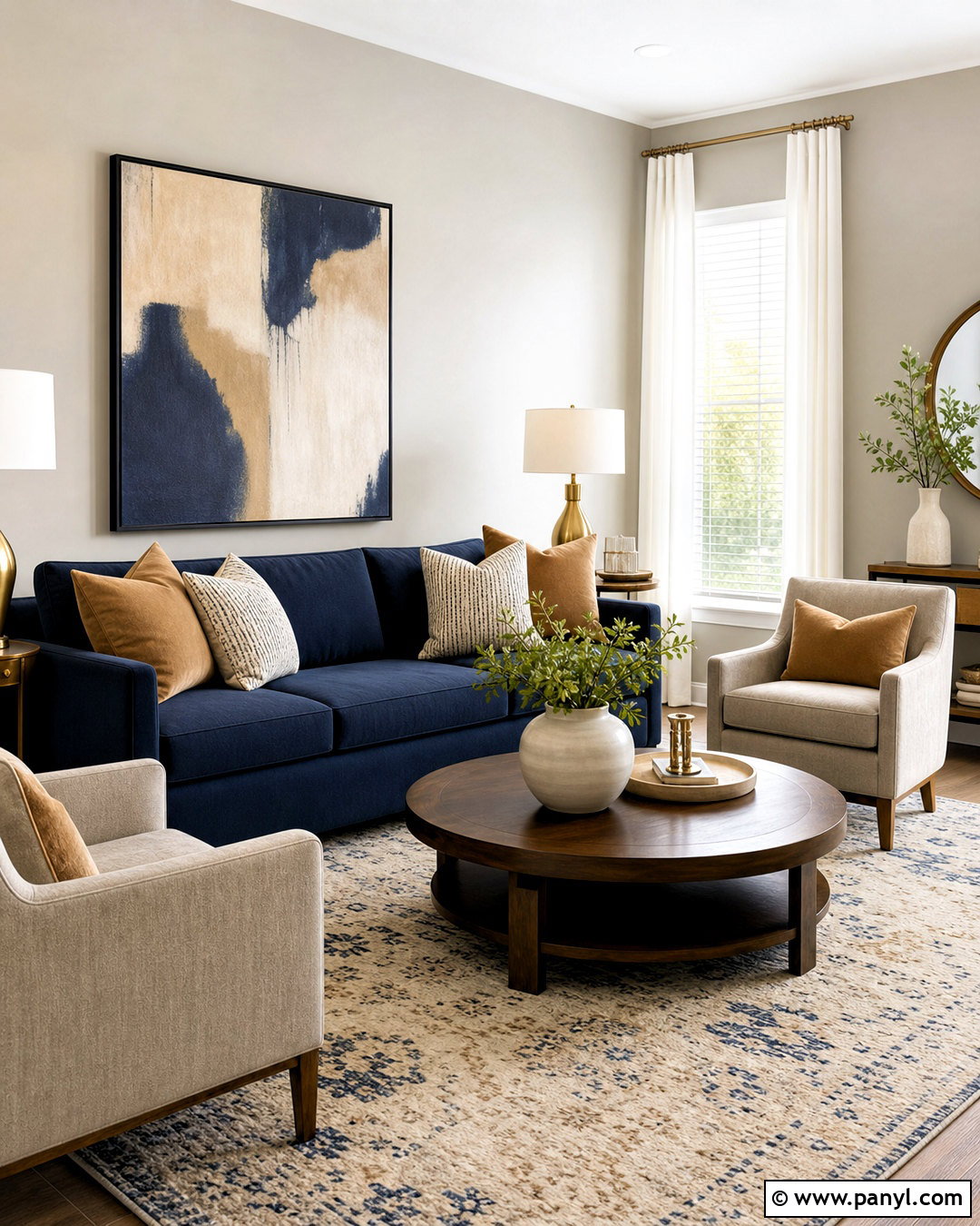 Repose Gray Living Room With A Blue Sofa - 20 repose gray living room ideas