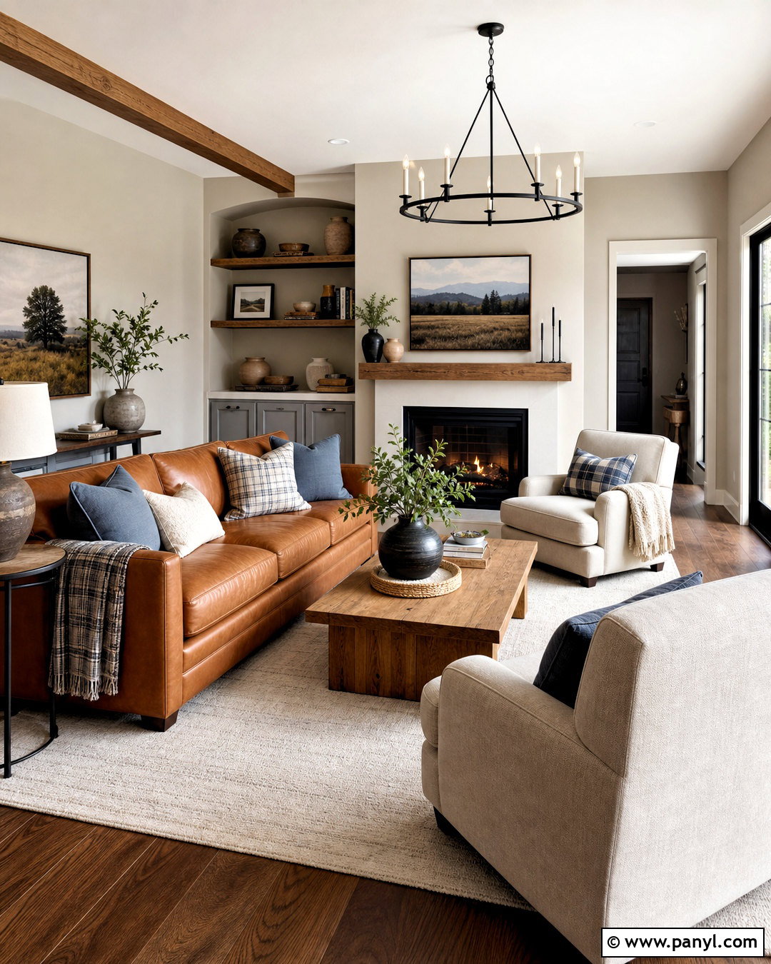Repose Gray Living Room With A Brown Leather Sofa - 20 repose gray living room ideas