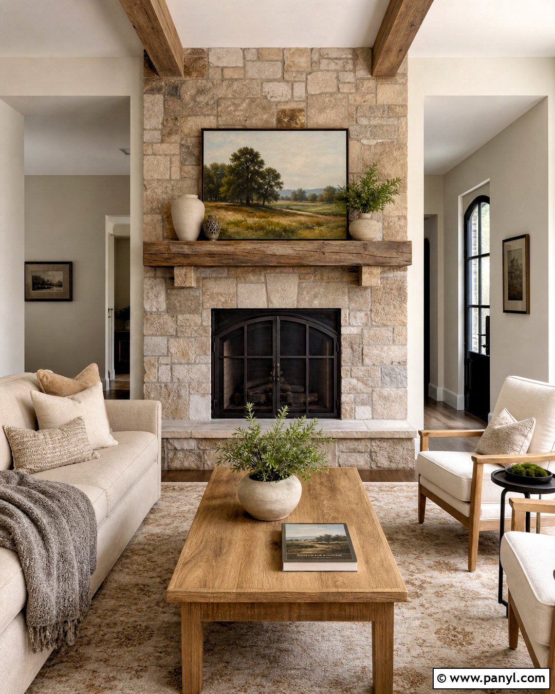 Repose Gray Living Room With A Stone Fireplace - 20 repose gray living room ideas