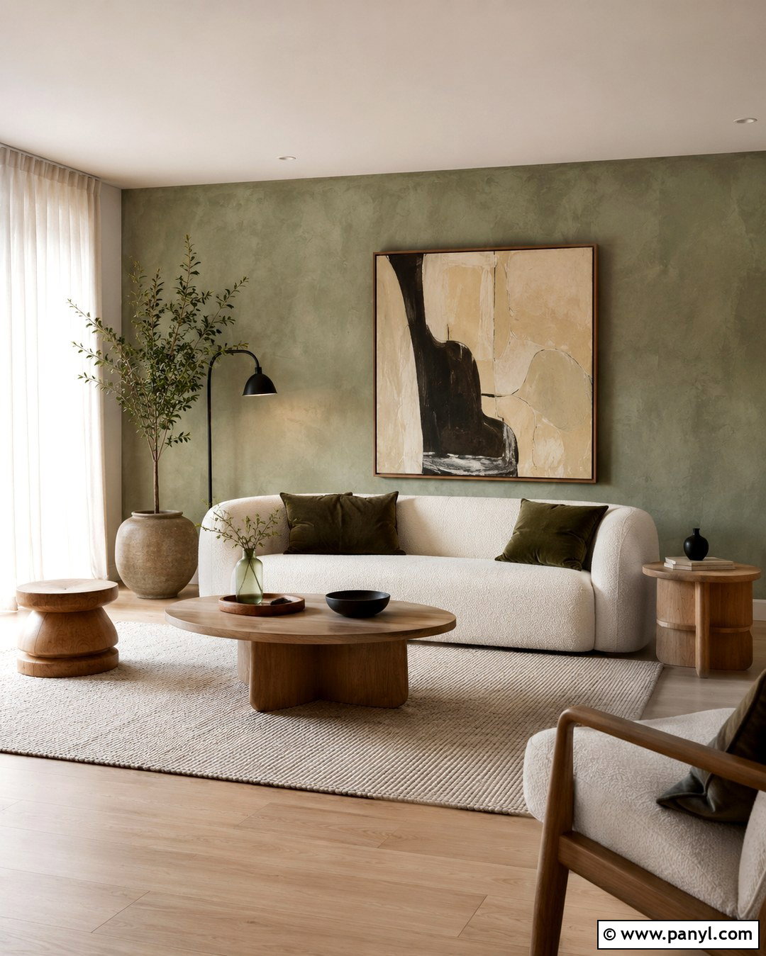 Repose Gray Living Room With Green Limewash Wall - 20 Repose Gray With Green Accent Wall Ideas