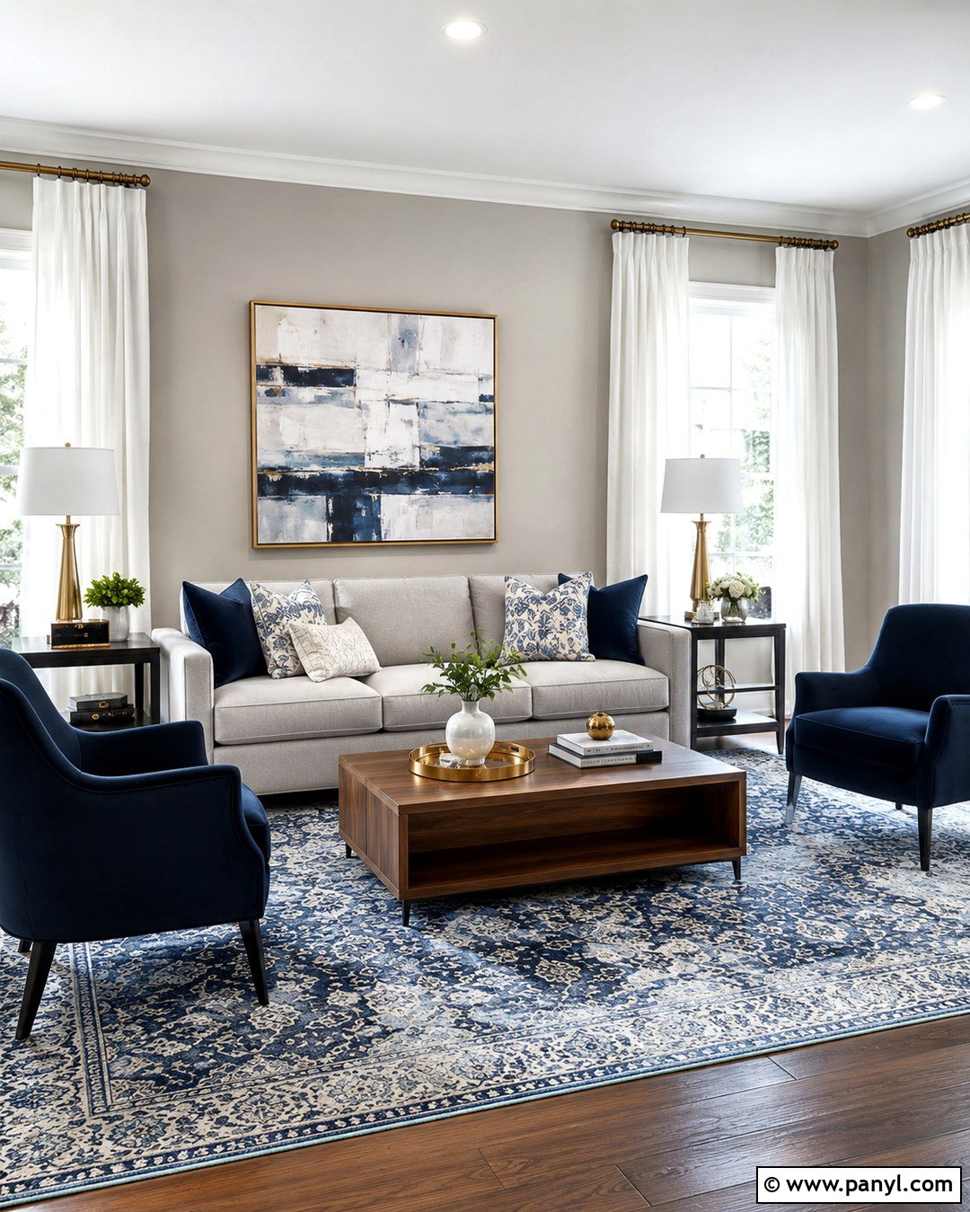 Repose Gray Living Room With Navy Accents - 20 Repose Grey Walls
