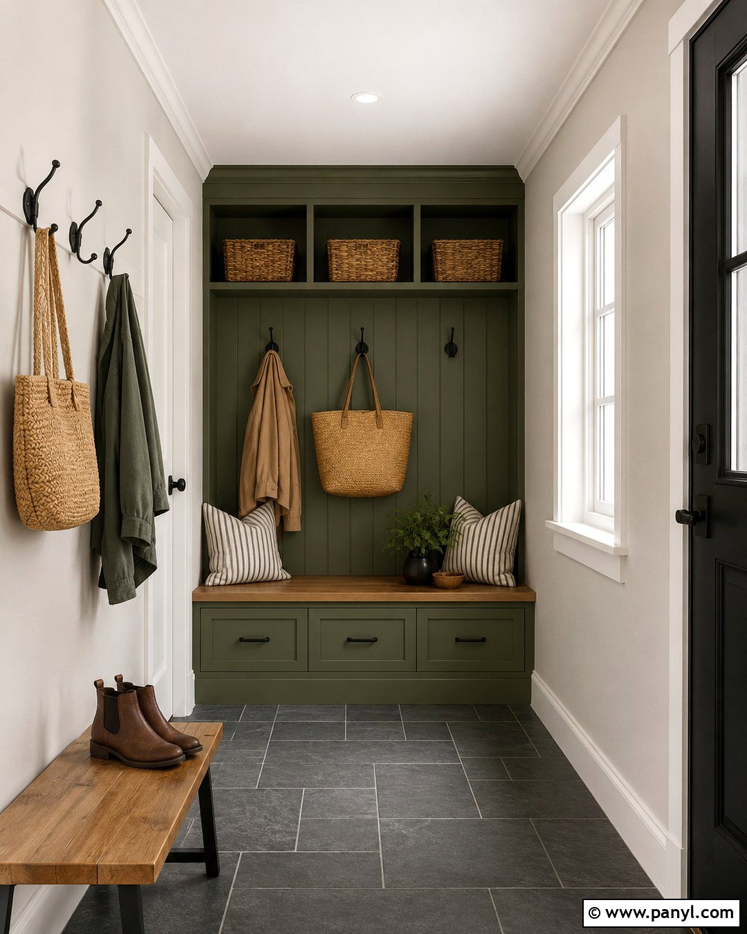 Repose Gray Mudroom With Army Green Wall - 20 Repose Gray With Green Accent Wall Ideas