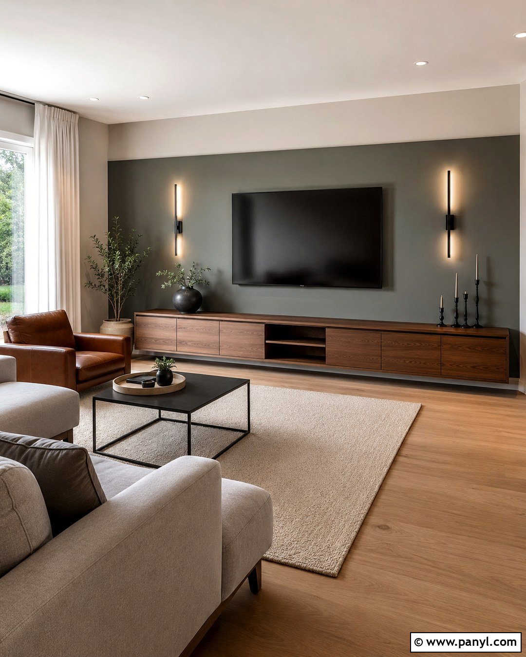 Repose Gray TV Wall With Muted Green Paint - 20 Repose Gray With Green Accent Wall Ideas
