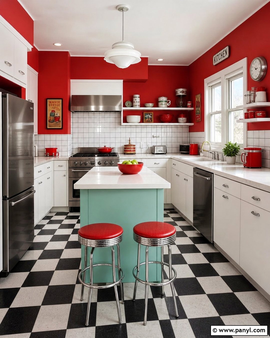 Retro Kitchen With Red Walls - 35 red kitchen walls