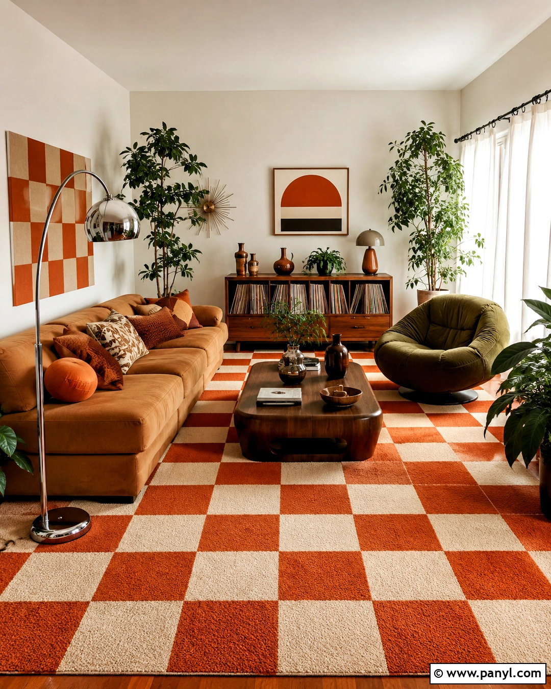 Retro Orange Checkered Living Room - 20 checkered room aesthetic ideas