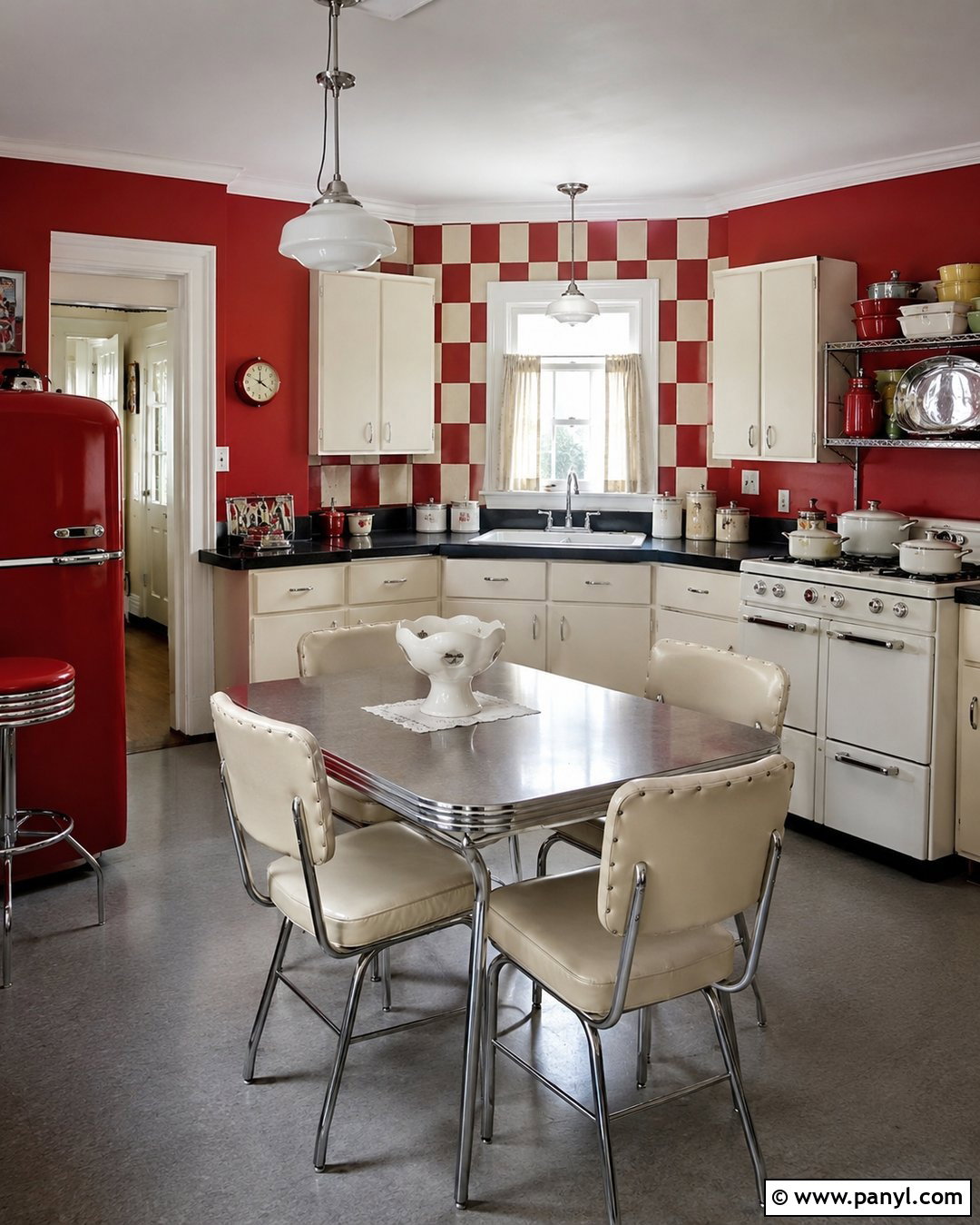 Retro Vintage Kitchen With Red Checkerboard Walls - 20 Vintage Kitchen With Red Walls