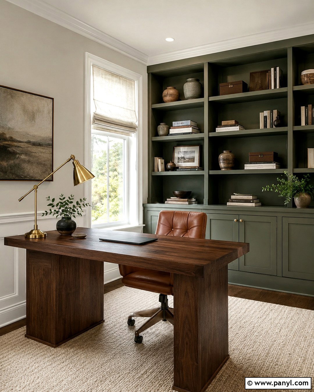 Revere Pewter Home Office With Green Built-Ins - 20 Revere Pewter On Walls