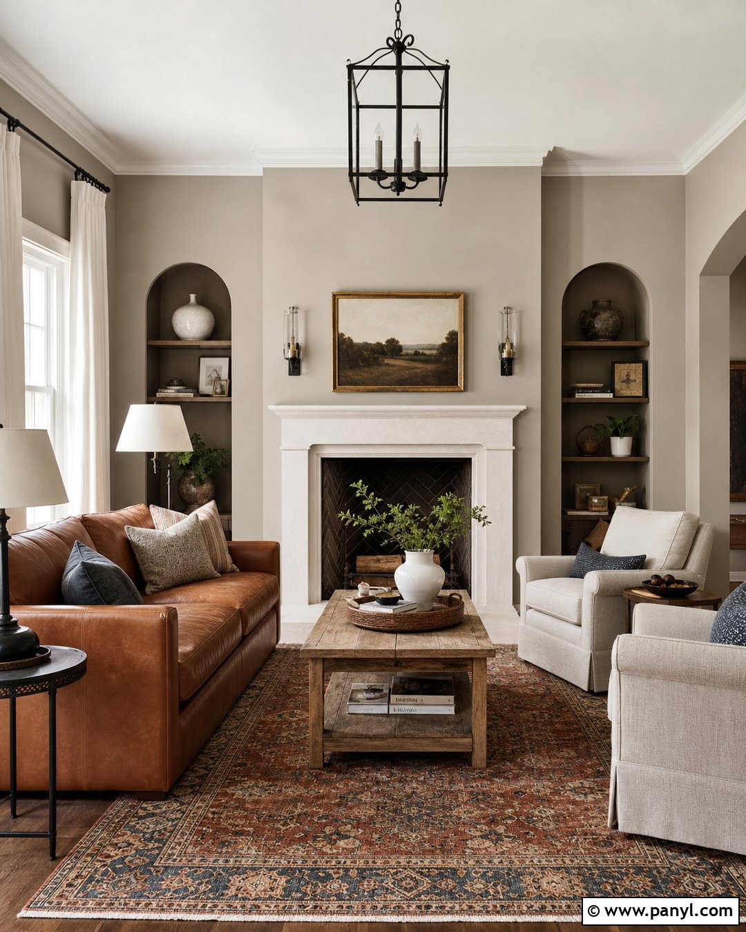 Revere Pewter Living Room With Brown Leather Sofa - 30 Revere Pewter Walls