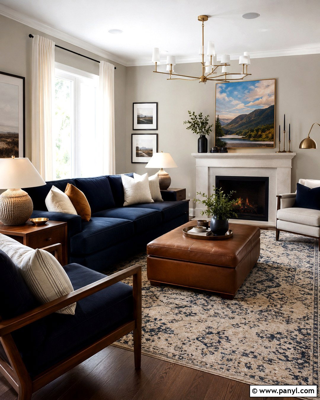 Revere Pewter Living Room With Navy Accents - 20 Revere Pewter On Walls