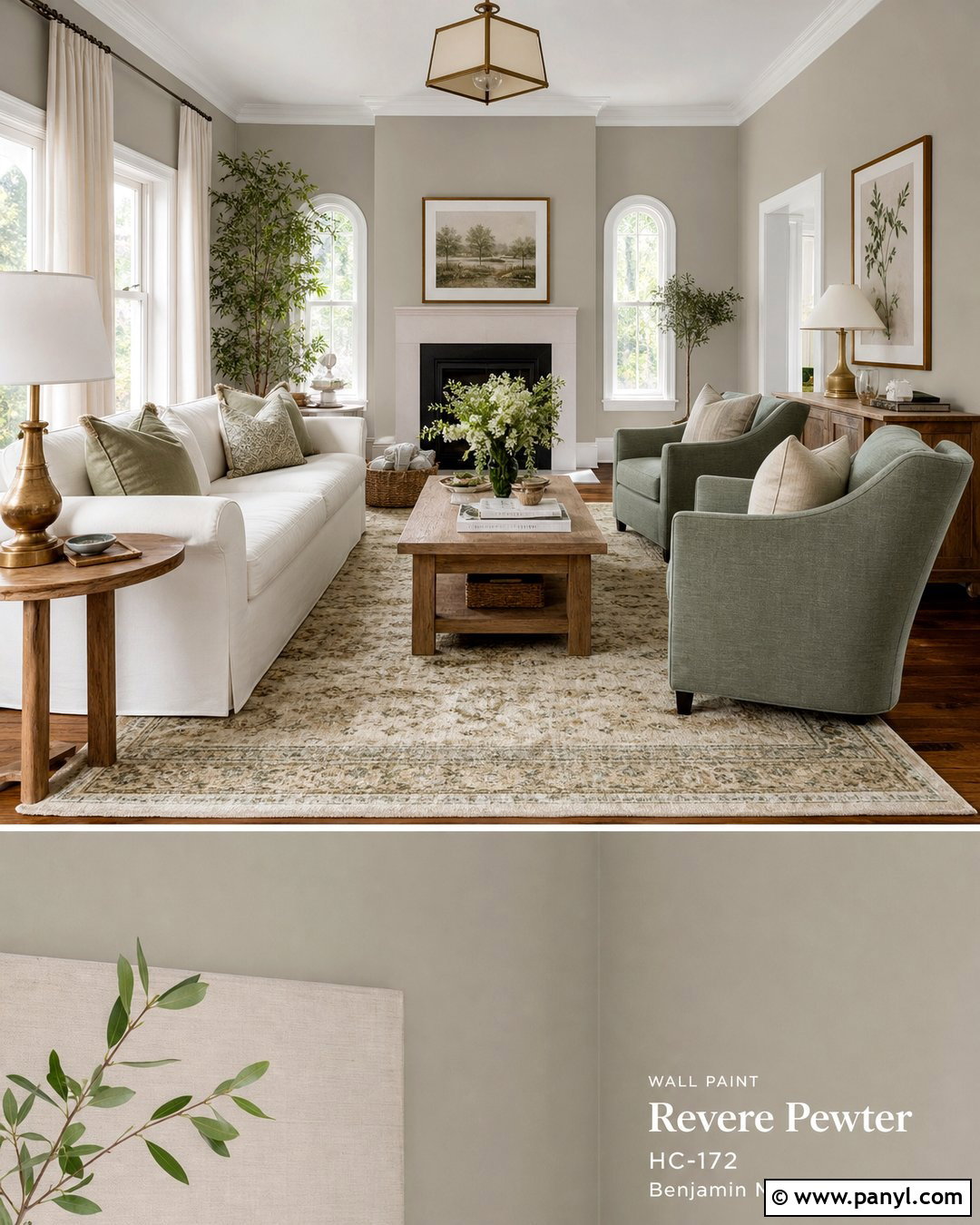 Revere Pewter Living Room With Sage Green Accents - 30 Revere Pewter Walls