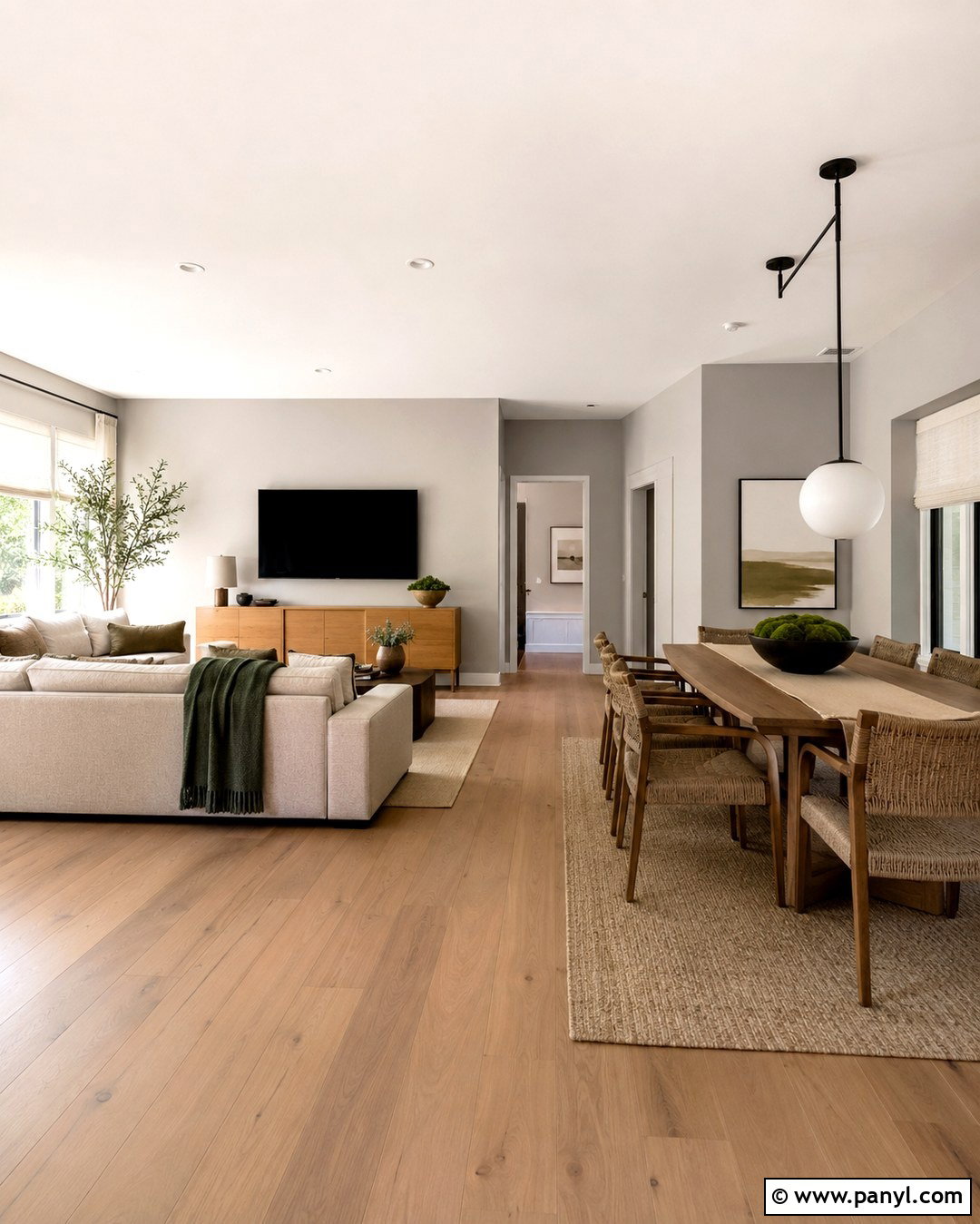 Revere Pewter Open Concept Room With Oak - 20 Revere Pewter On Walls