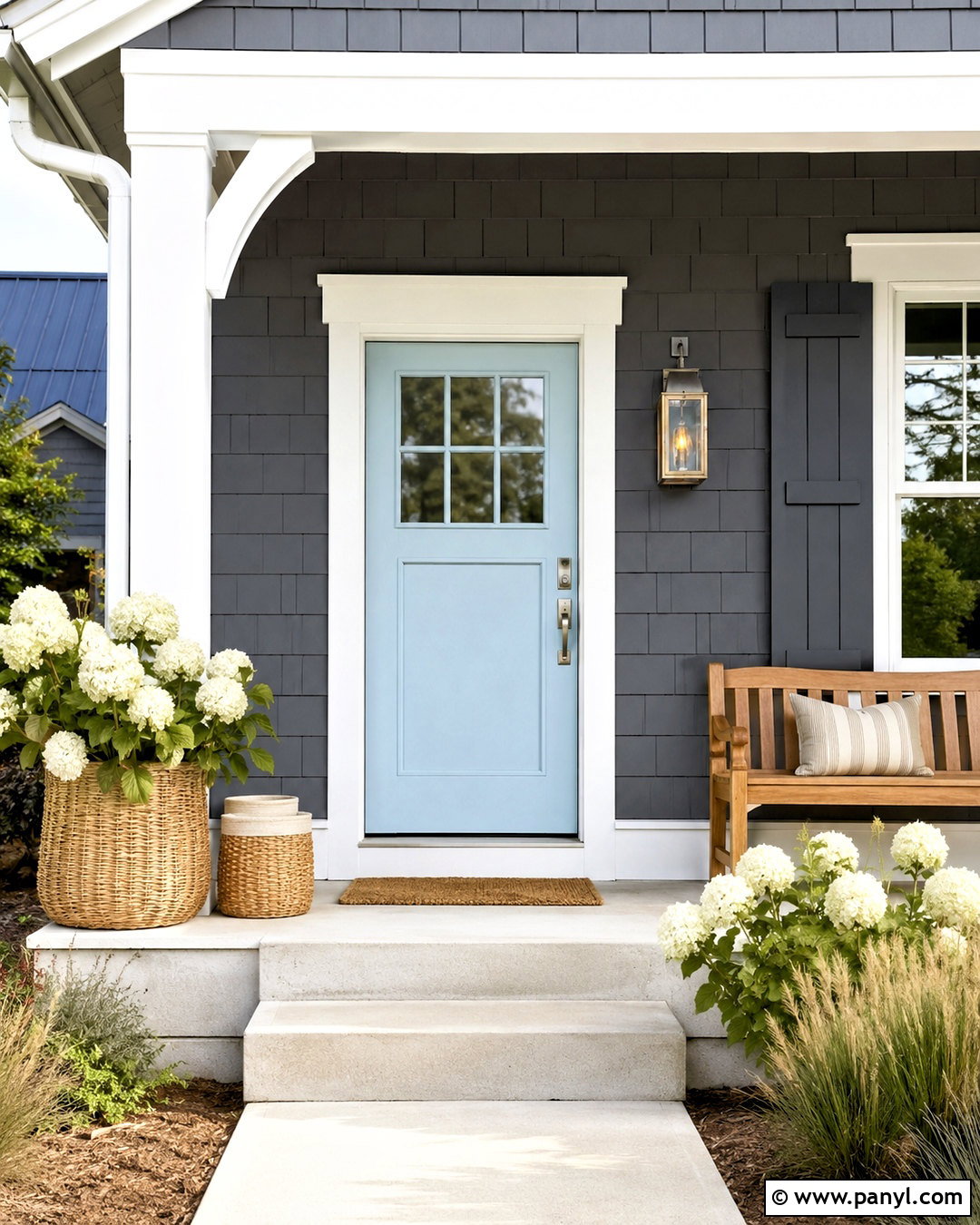 Robins Egg Blue Front Door - 20 door colors for gray house ideas
