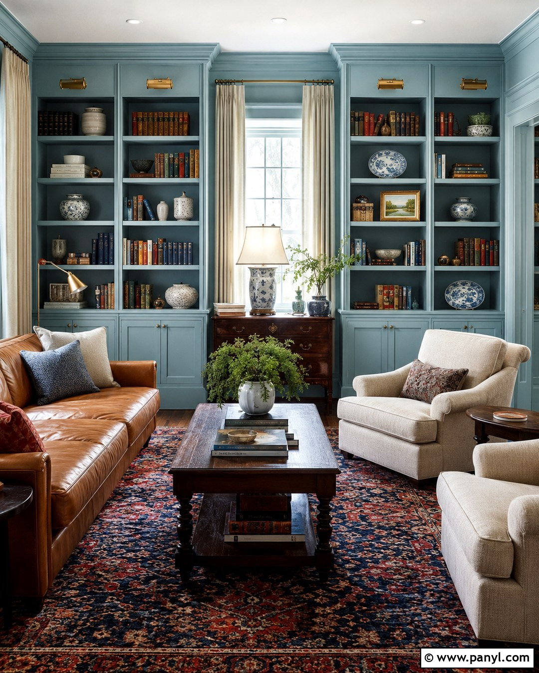Robins Egg Blue Library Walls With Brass Lighting - 20 Robins Egg Blue Walls