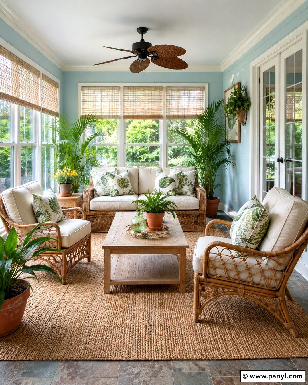 Robins Egg Blue Sunroom Walls With Rattan Furniture - 20 Robins Egg Blue Walls