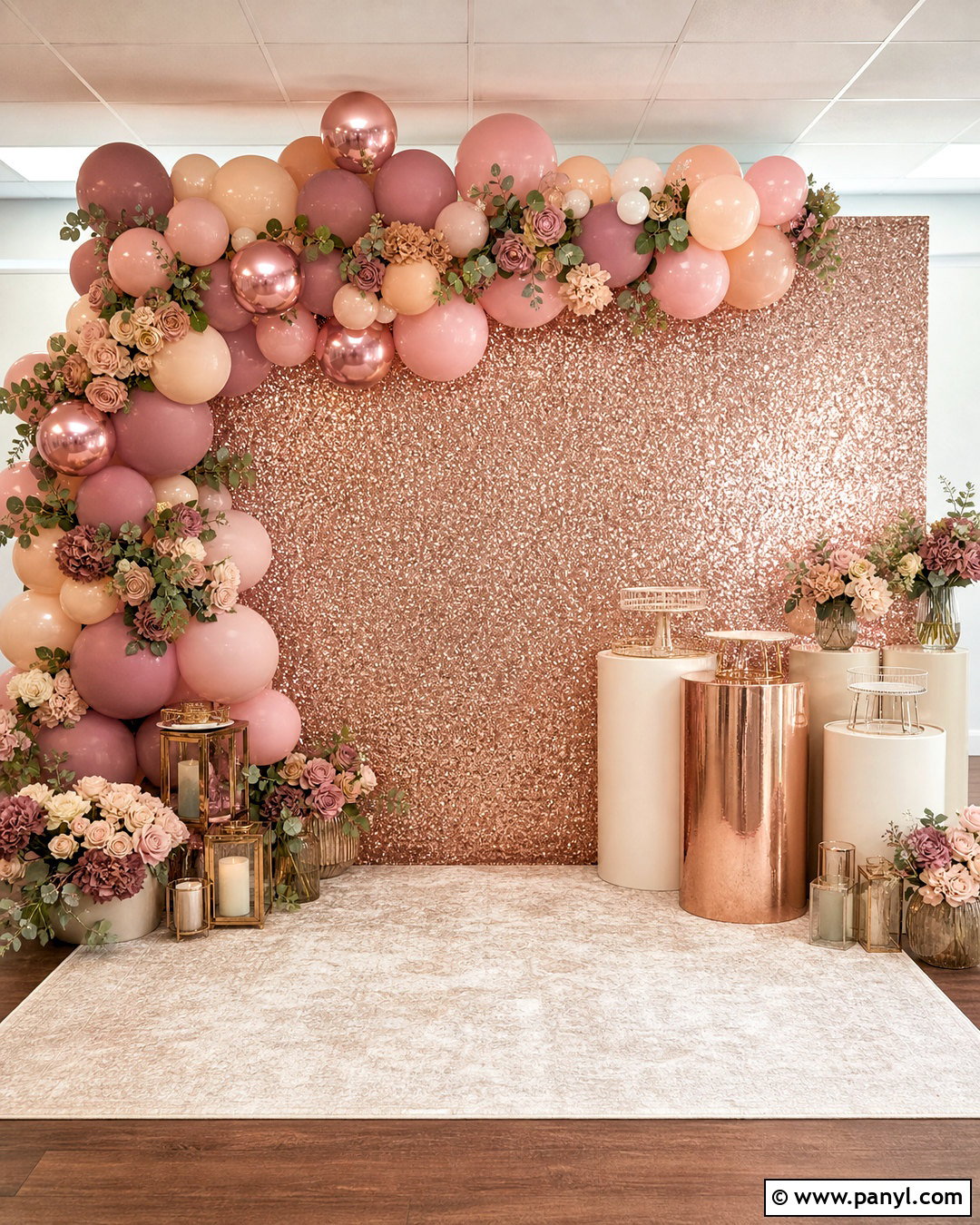 Rose Gold Shimmer Wall With Blush Balloons - 20 shimmer wall with balloons