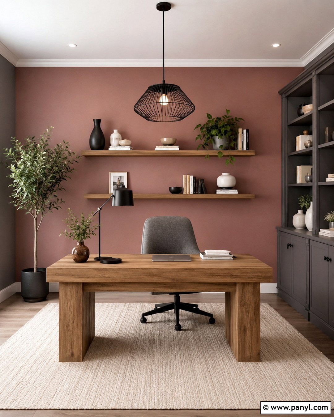 Rose Pink Accent Wall With Grey Home Office - 20 Grey Room With Pink Accent Wall Ideas