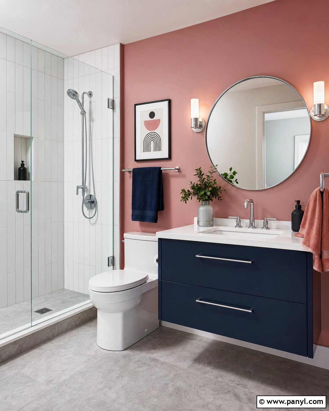 Rose Pink Accent Wall With Navy Vanity - 20 Modern Bathroom With Pink Accent Wall Ideas
