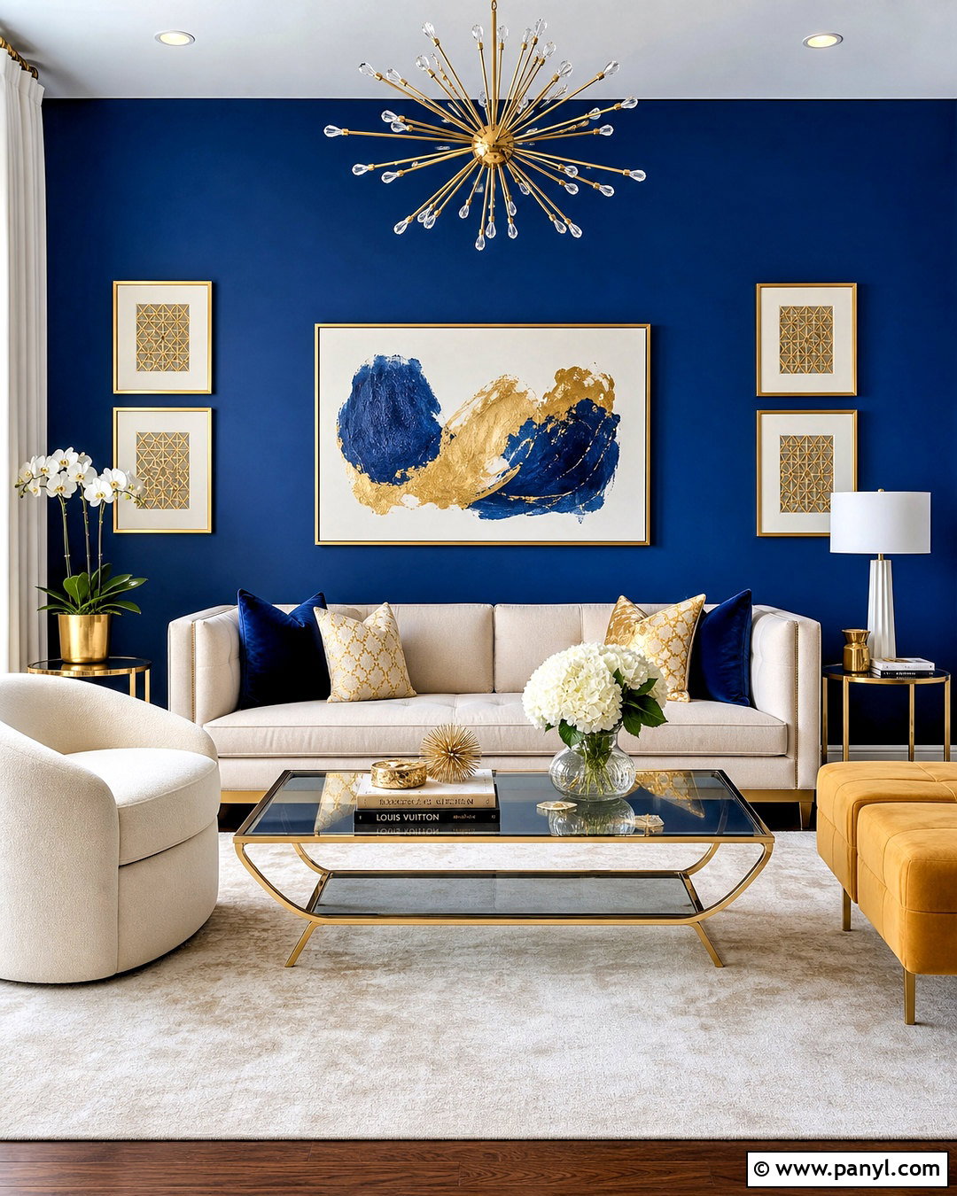 Royal Blue Accent Wall With Gold Decor - 20 blue accent wall living room ideas