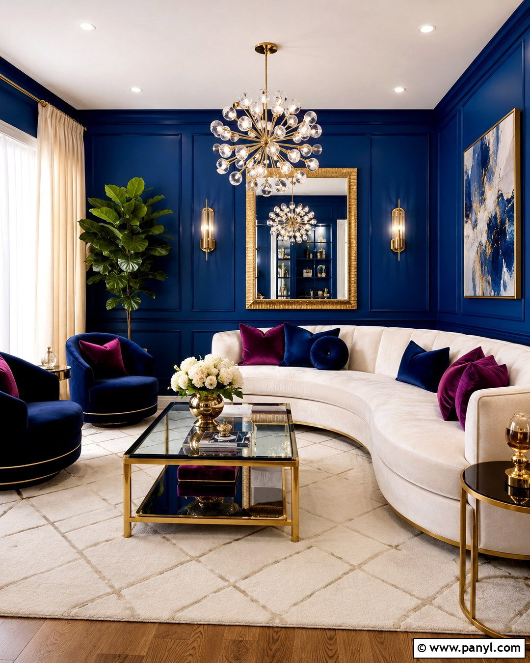 Royal Blue Glam Lounge Room - 20 Blue Wall Lounge Room Ideas