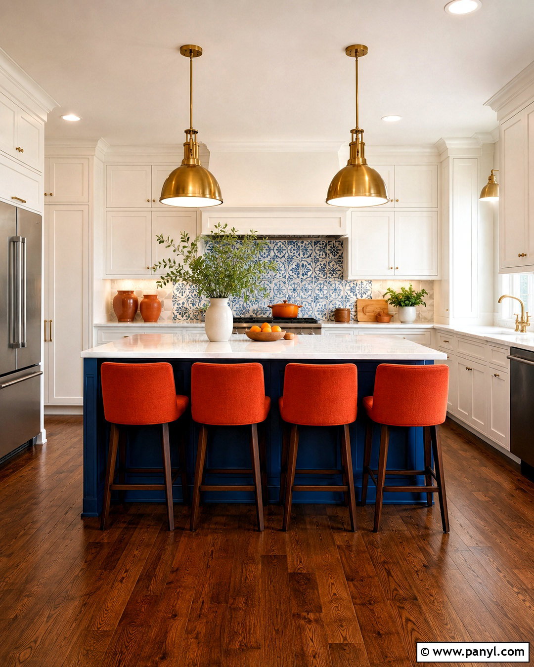 Royal Blue Island With Orange Bar Stools - 20 blue and orange kitchen ideas