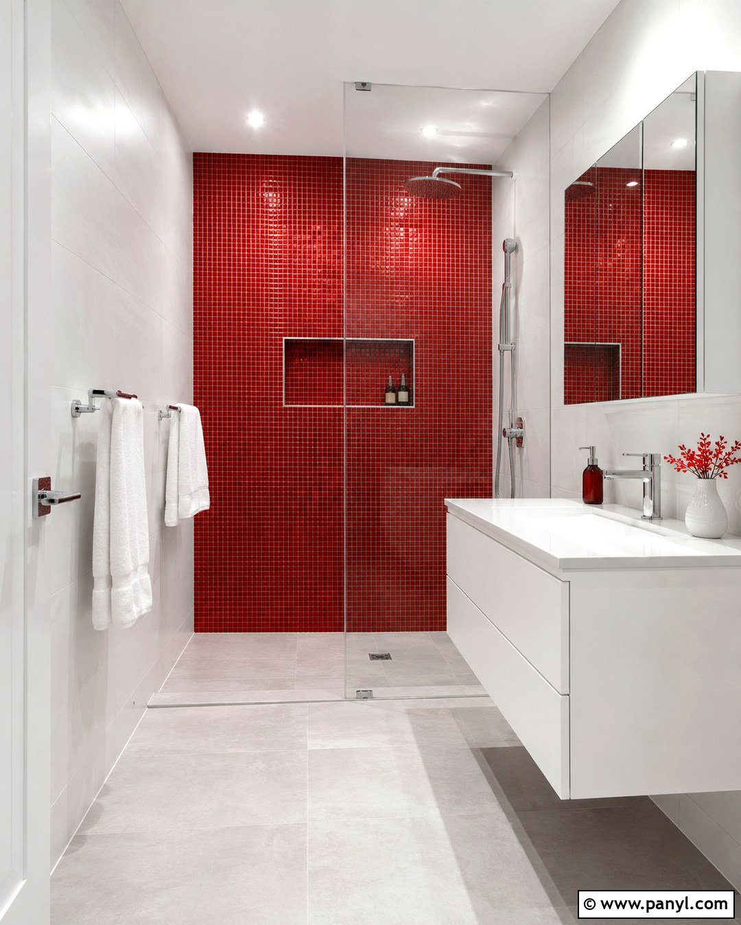 Ruby Red Mosaic Shower Wall - 20 Red Accent Wall Bathroom Ideas