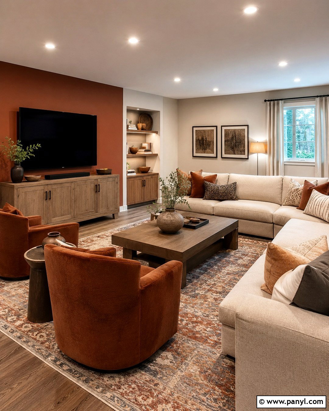 Rust And Linen Basement Family Room - 20 Rooms With Two Color Walls