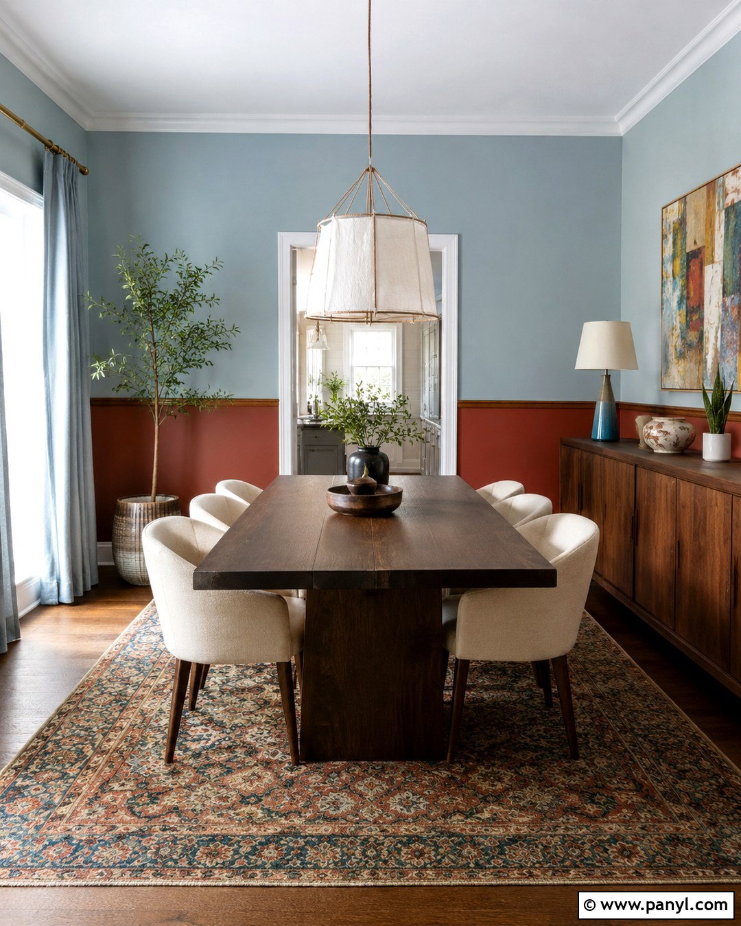 Rust And Pale Blue Split Wall Dining Room - 20 Split Wall Color Ideas