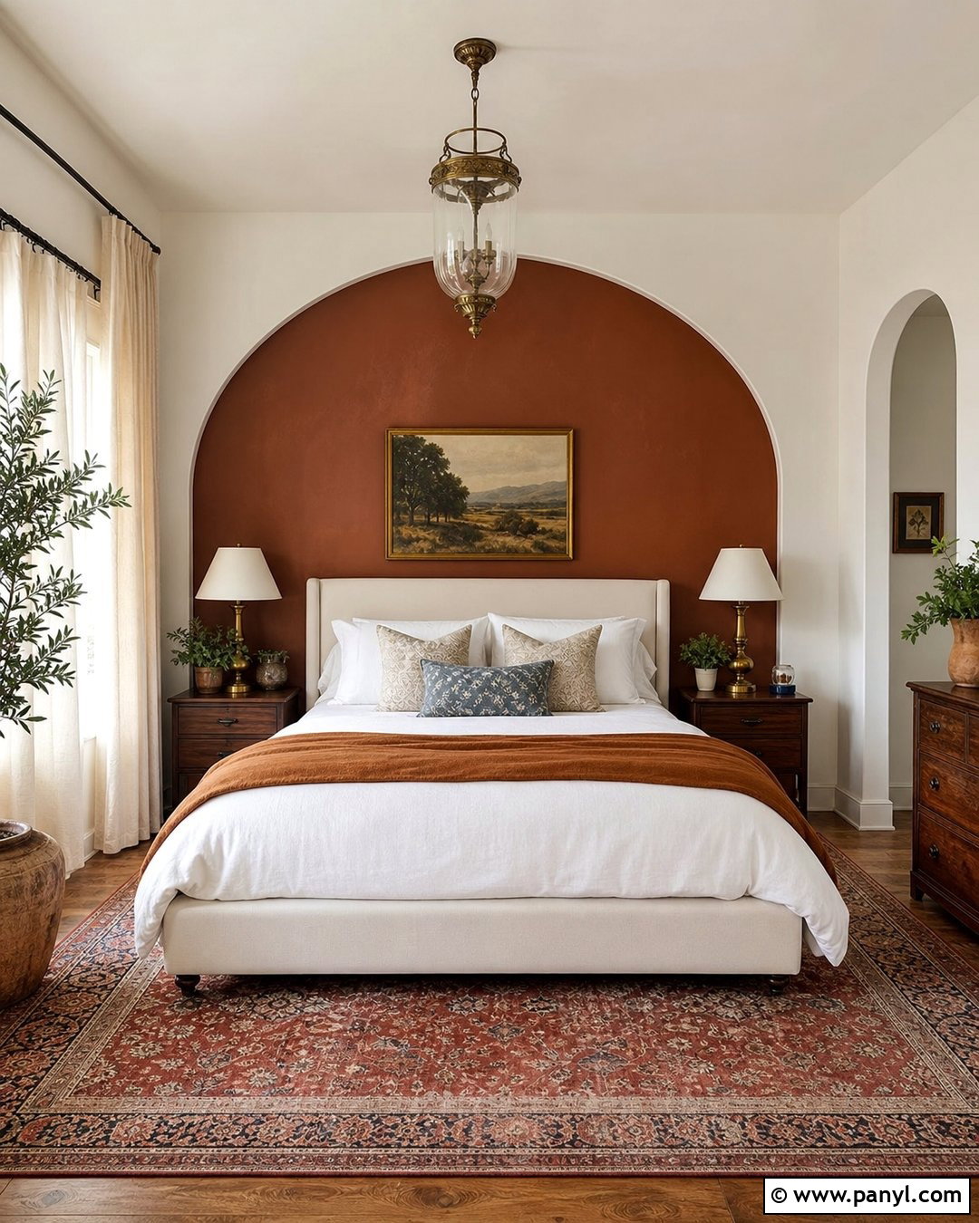Rust Arched Accent Wall With White Bed - 20 Arched Painted Accent Wall Ideas