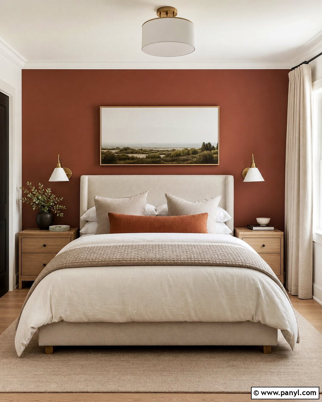 Rust Bedroom Accent Wall With Cream Bedding - 30 Rust Accent Wall Ideas