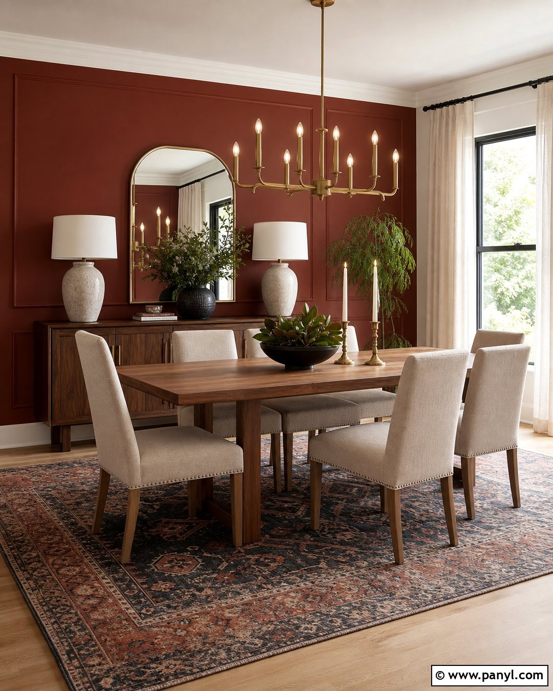Rust Dining Room Accent Wall With Brass Lighting - 30 Rust Accent Wall Ideas