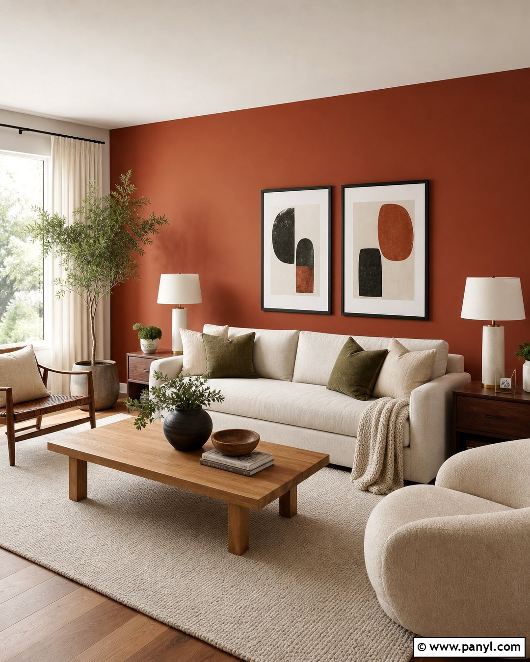 Rust Living Room Accent Wall With Cream Sofa - 30 Rust Accent Wall Ideas