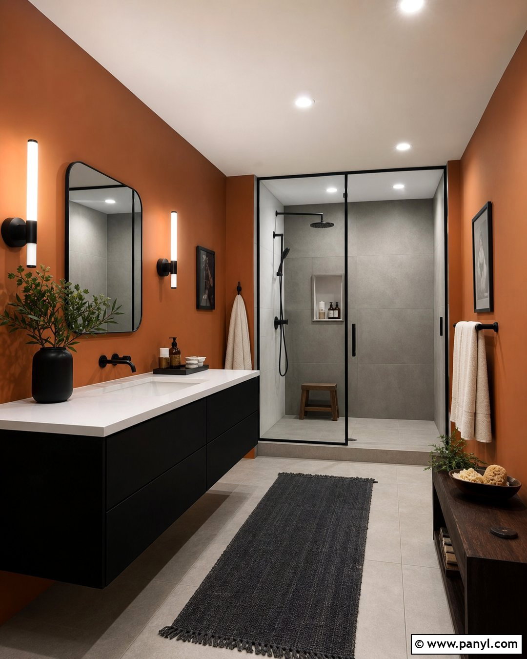 Rust Orange Bathroom Walls With Black Fixtures - 30 Orange Bathroom Walls