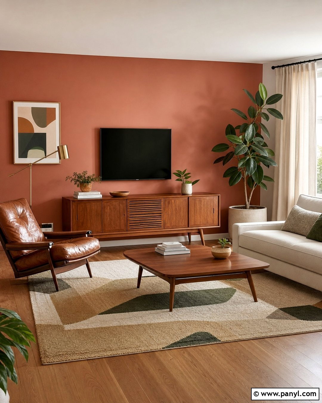 Rust Pink Accent Wall Midcentury Living Room - 20 Rust Pink Accent Wall Ideas