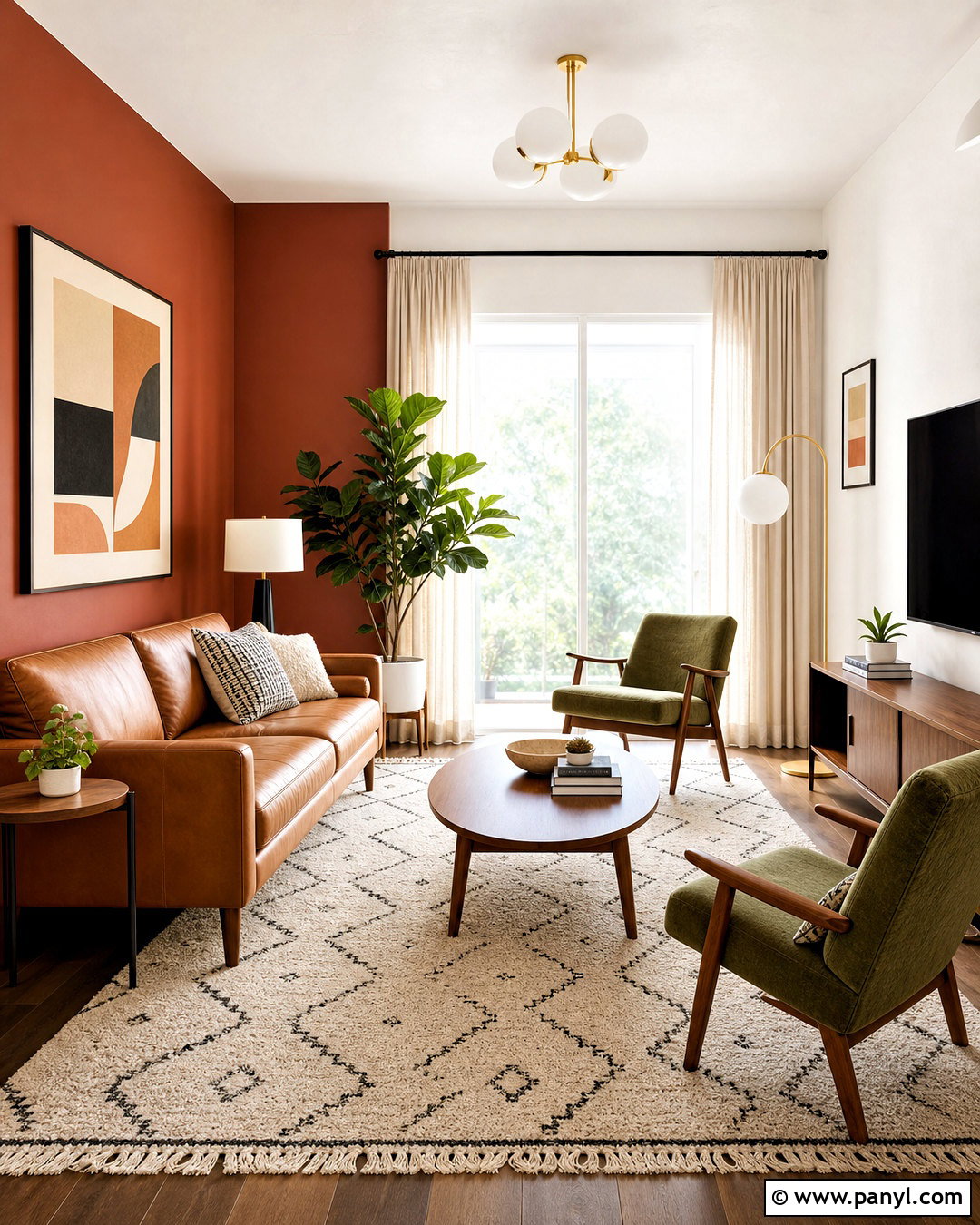 Rust Red Accent Wall With Midcentury Furniture - 20 red accent wall living room ideas