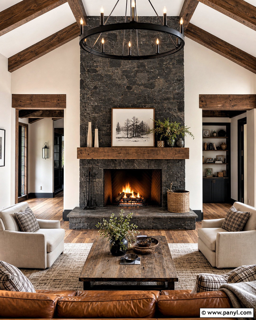 Rustic Black Stone Fireplace With Wood Mantel - 20 black stone fireplace ideas