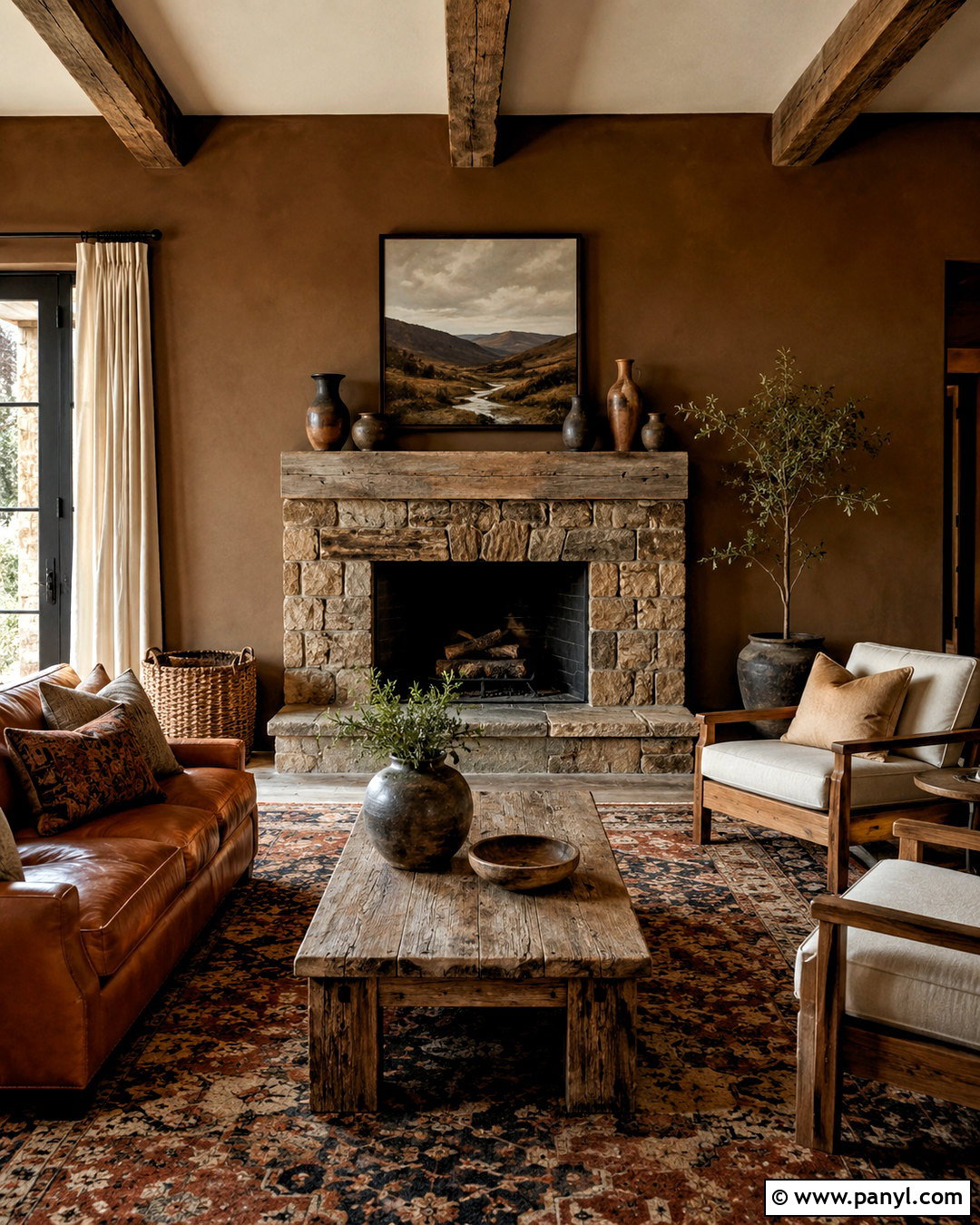 Rustic Brown Living Room Walls With Stone Fireplace - 20 brown living room walls