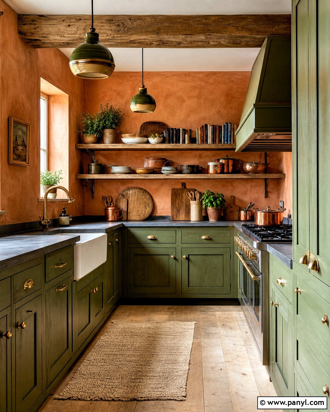 Rustic Green Kitchen With Clay Orange Walls - 20 green and orange kitchen ideas