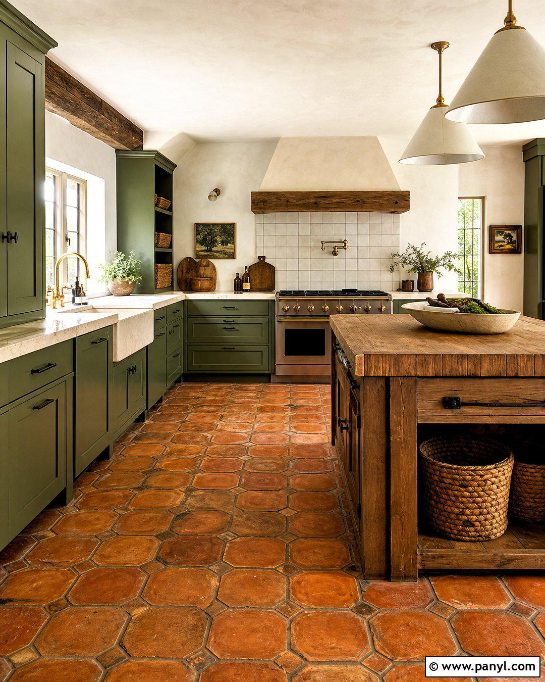 Rustic Green Kitchen With Reclaimed Terracotta Floors - 20 green and terracotta kitchen ideas