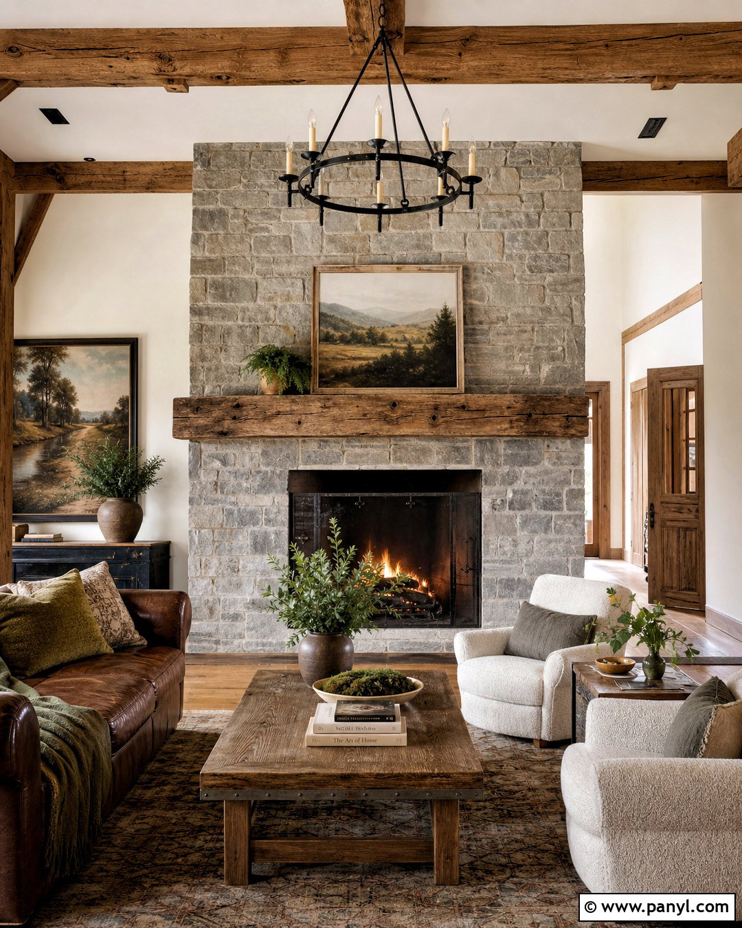 Rustic Grey Brick Fireplace With Wood Beams - 20 grey brick fireplace ideas