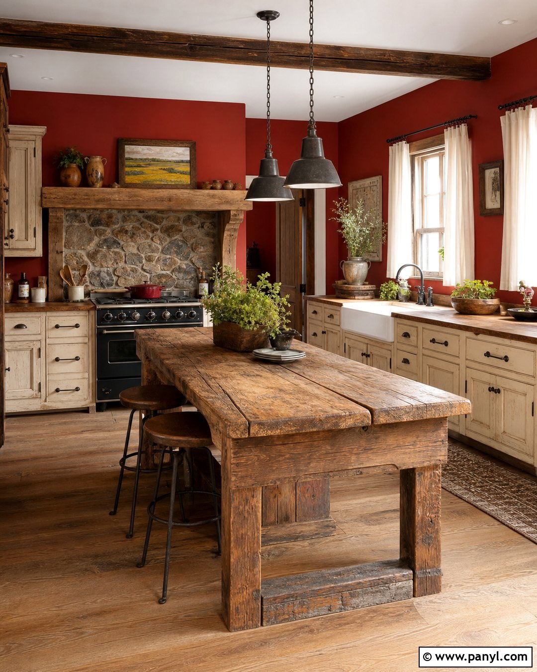 Rustic Kitchen With Red Walls - 35 red kitchen walls