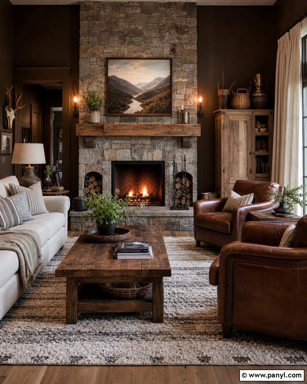 Rustic Living Room With Dark Brown Walls - 35 Dark Brown Walls Living Room Ideas