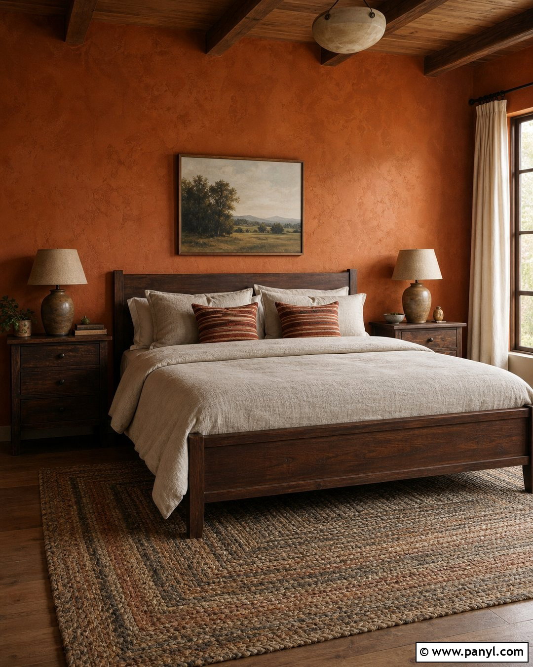 Rustic Orange Bedroom Wall With Linen Bedding - 20 Rustic Orange Wall Color Ideas