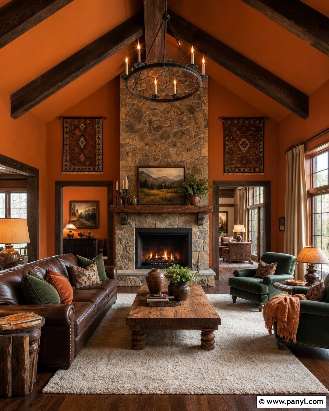 Rustic Orange Cabin Wall With Leather Furniture - 20 Rustic Orange Wall Color Ideas
